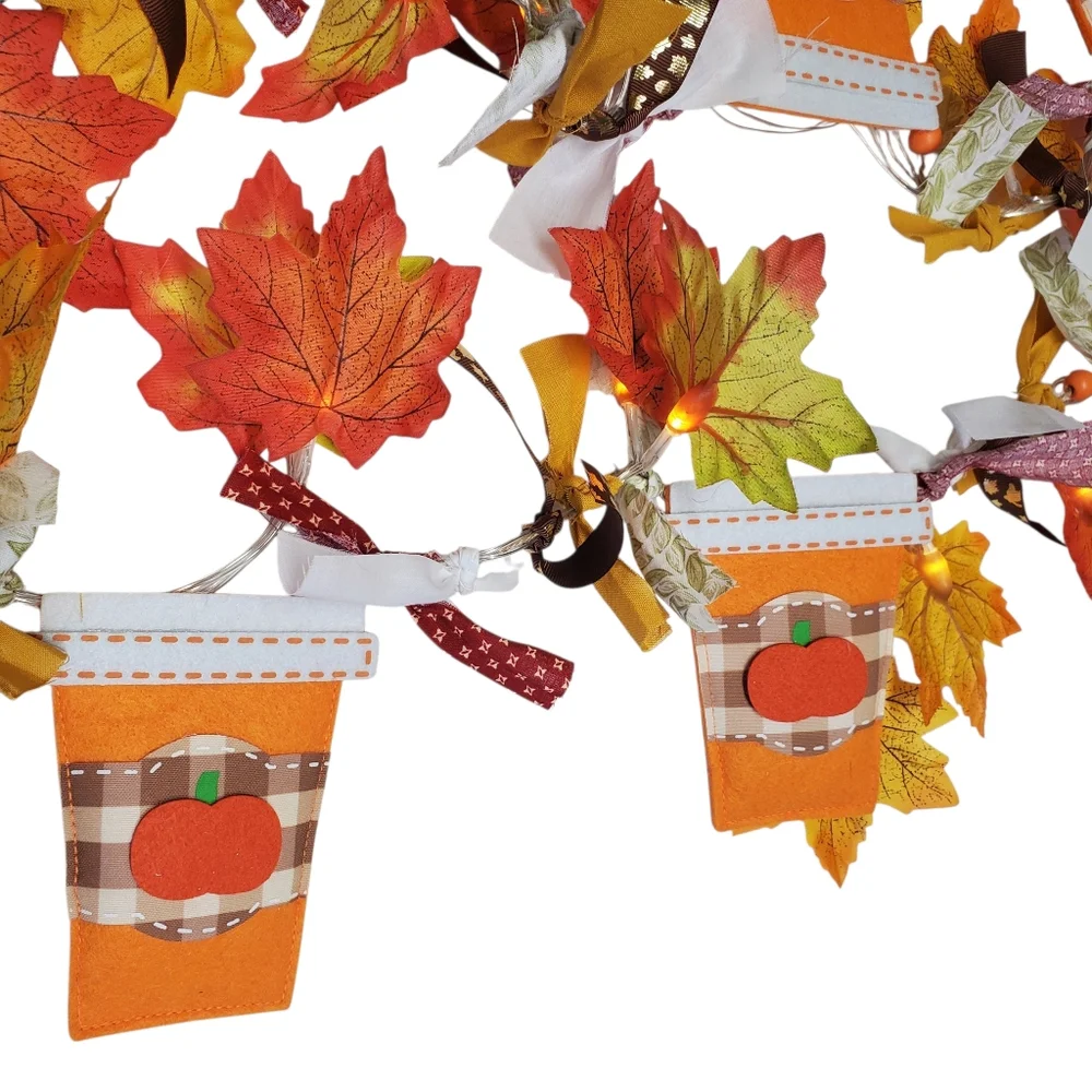 NWOT Autumn LED Lighted Garland with Latte Pumpkin Cups Banner